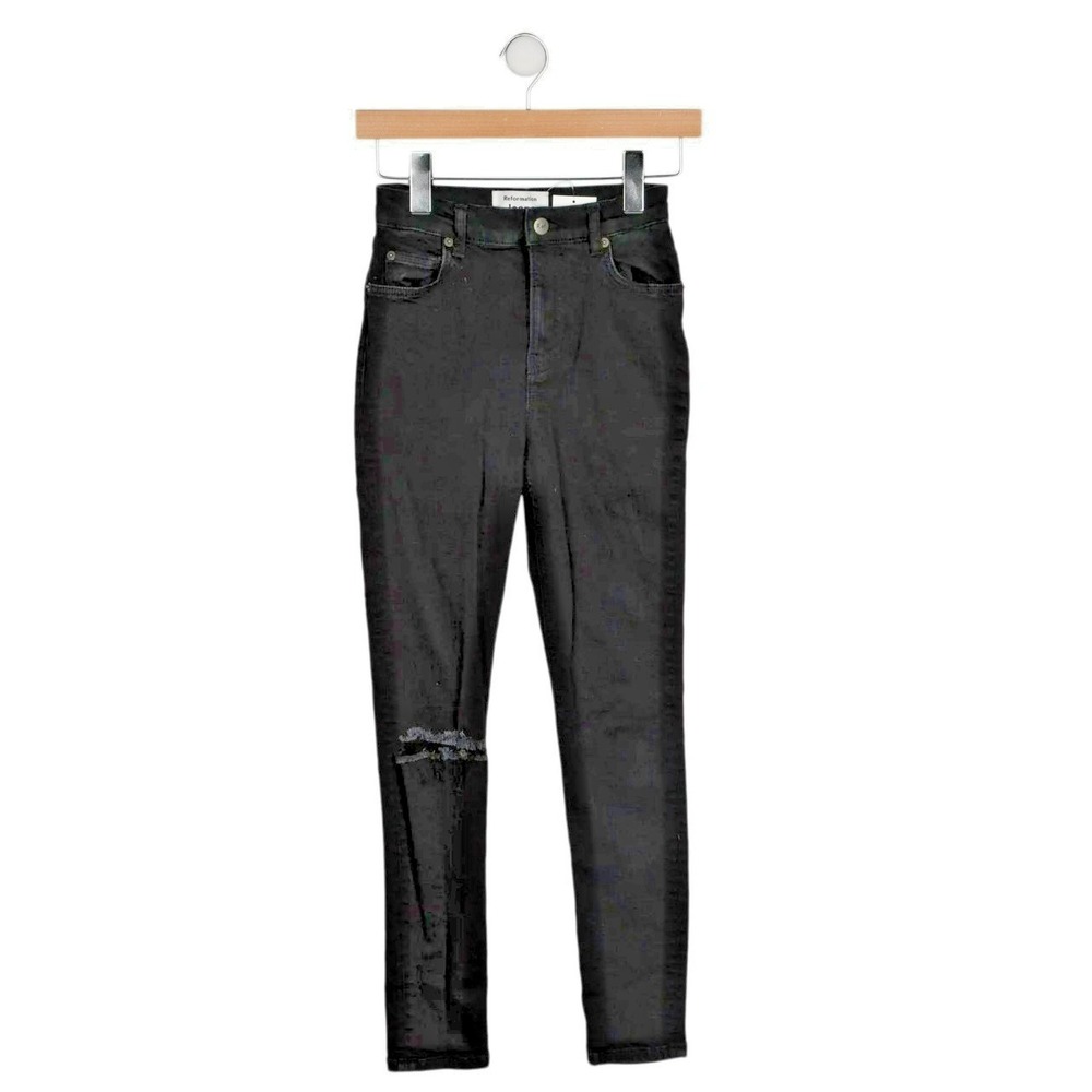 Reformation Jeans 24 Faded Black Destroyed High Rise Ankle Skinny Stretch - Picture 1 of 6